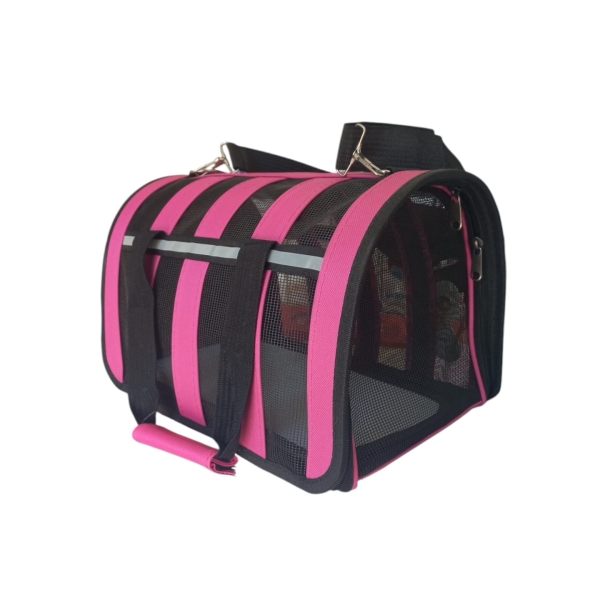 Transportadora rosa con franjas negras